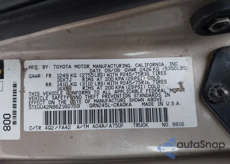 2006 Toyota Tacoma Base V6 из США, поврежденный, VIN 5TEUU42N86Z160769